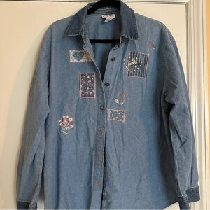 Teddi Denim Button Shirt Embroidered flowers Women XL